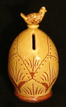 sgraffito redware bird bank by Pied Potter Hamelin and Kulina Folk Art